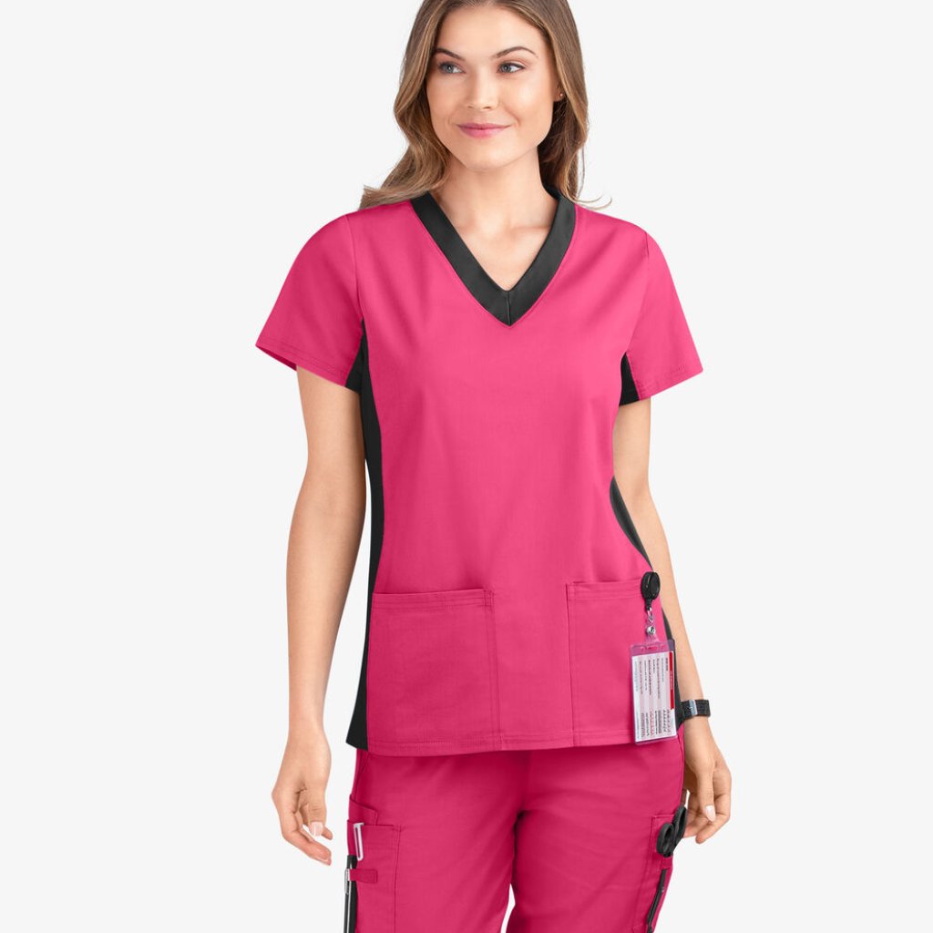 New Scrubstar Hot Pink With Black Stretch Side Panels Scrub Top P 5234
